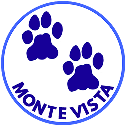 Monte Vista Elementary - Circle Logo, paste blue border. In middle giant paw prints in blue